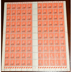 1 feuille de 100 Timbres de France 221 type semeuses surchargées neufs**