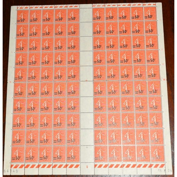 1 feuille de 100 Timbres de France 221 type semeuses surchargées neufs**