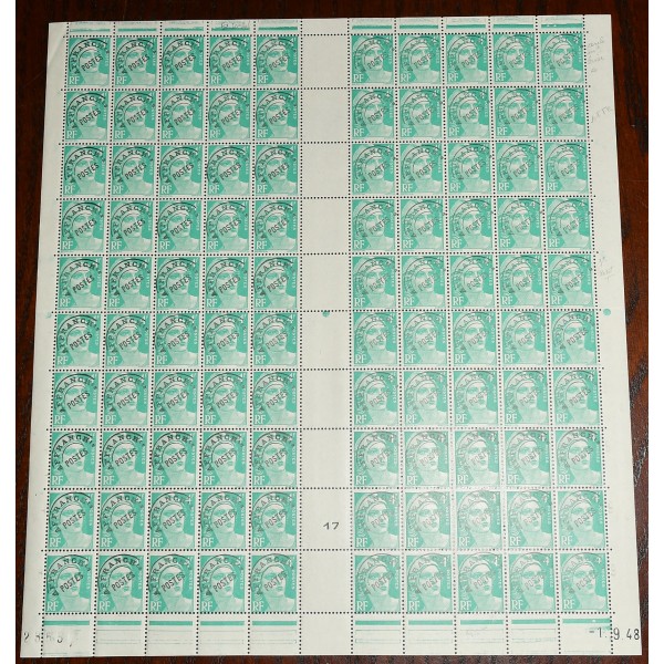 1 feuille de 100 Timbres de France préoblitéré 98 type marianne de Gandon neufs**