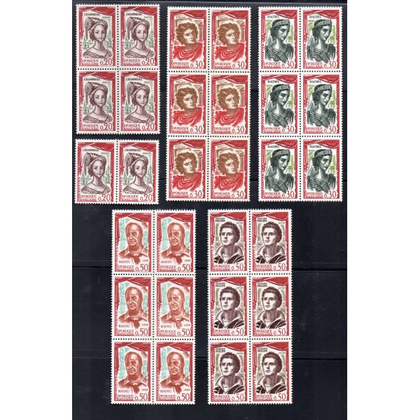 6 exempaires timbres Yvert No 1301-1305 France, Commédiens Français