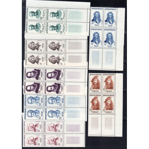 Bloc de 4 exemplaires coin de feuille timbres Yvert No 1132-1138 France série Célébrités étrangères