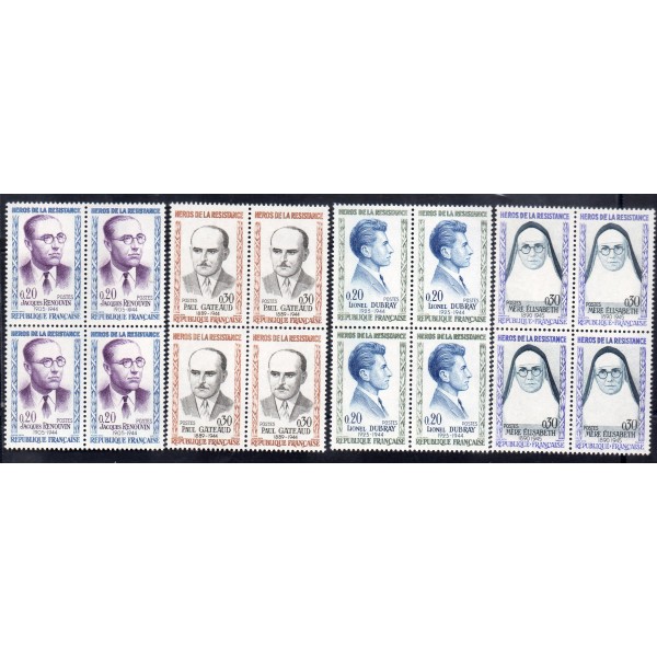 Bloc de 4 exemplaires timbres Yvert No 1288-1291 France Héros de la résistance
