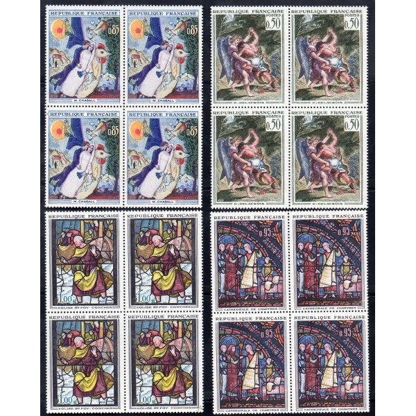 bloc de 4 exemplaires timbres France Yvert No 1376, 1377, 1398, 1399 Delacroix, Conches, Chagall, Chartres neufs**