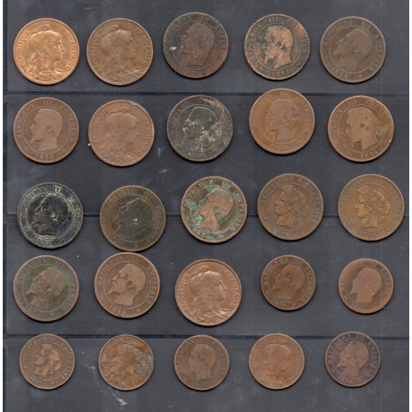 Lot de 25 pièces bronze différentes Napoléon, Céres, Dupuis 1854-1917