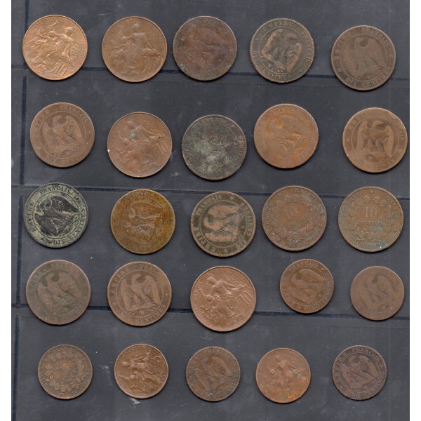 Lot de 25 pièces bronze différentes Napoléon, Céres, Dupuis 1854-1917