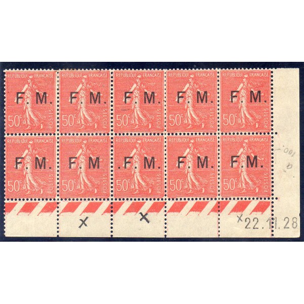 bloc de 10 timbres avec les 3 variétés Franchise Militaire Yvert 6 6a 6b 6c semeuse