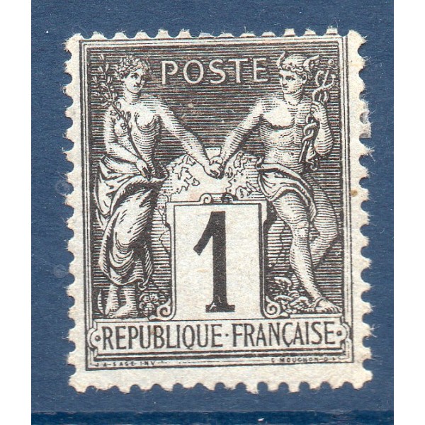 Timbre France Yvert No 83 Type II Sage 1c noir s. azuré Neuf * sur charnière