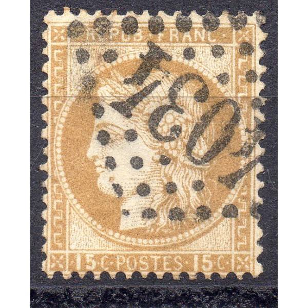Timbre France Yvert No 55 Type Cérès 15c bistre Oblitéré gros chiffres
