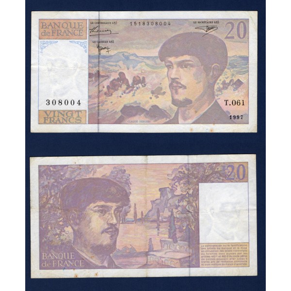 20 Francs Debussy, TB, 1997 Billet de la banque de France