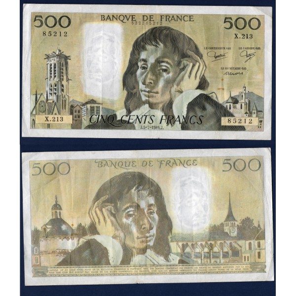500 Francs Pascal, TB, 5.7.1984 Billet de la banque de France