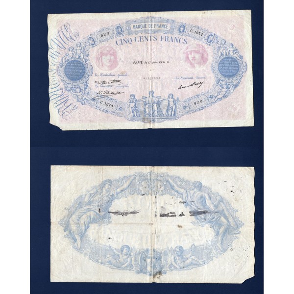 500 Francs Bleu et Rose, B, 11.6.1931 Billet de la banque de France