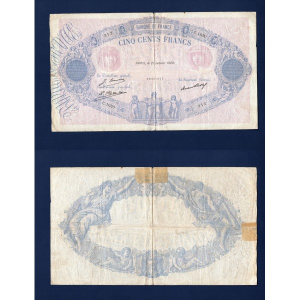 500 Francs Bleu et Rose, B, 21.1.1928 Billet de la banque de France