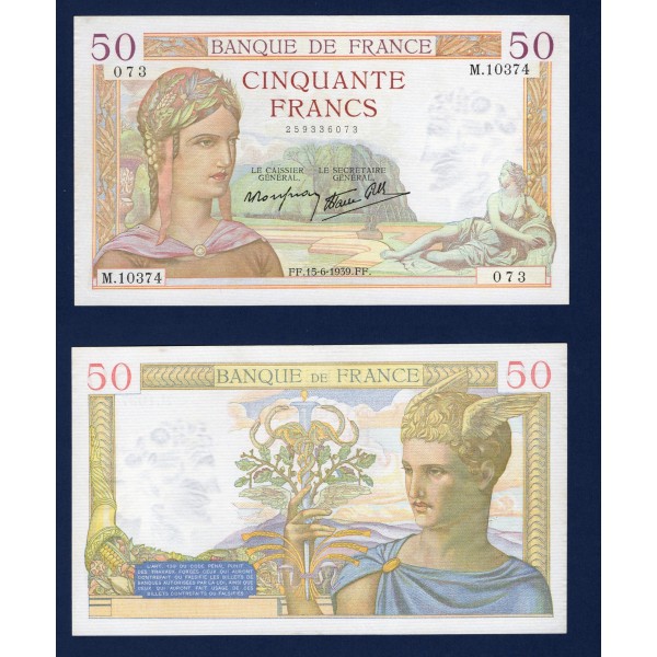 50 Francs Cérès, Sup+, 15.6.1939 Billet de la banque de France