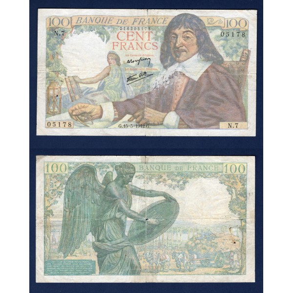100 Francs Descartes, B écrit, 15.5.1942 Billet de la banque de France