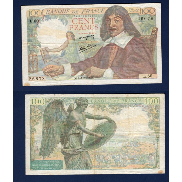 100 Francs Descartes, TB, 7.1.1943 Billet de la banque de France