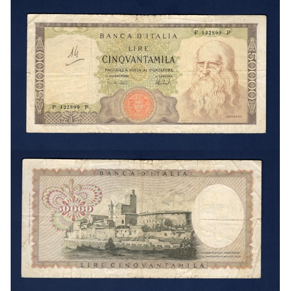 Italie P.99c, TB ecrit Billet de 50000 Lire 1974 Leonard de vinci
