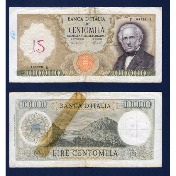 Italie P.100c, B ecrit Billet de 100000 Lire 1974 Alessandro Manzoni