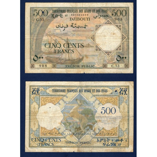 Djibouti Afars et issas P.31, TB- Billet de 500 Francs 1973 Dhows