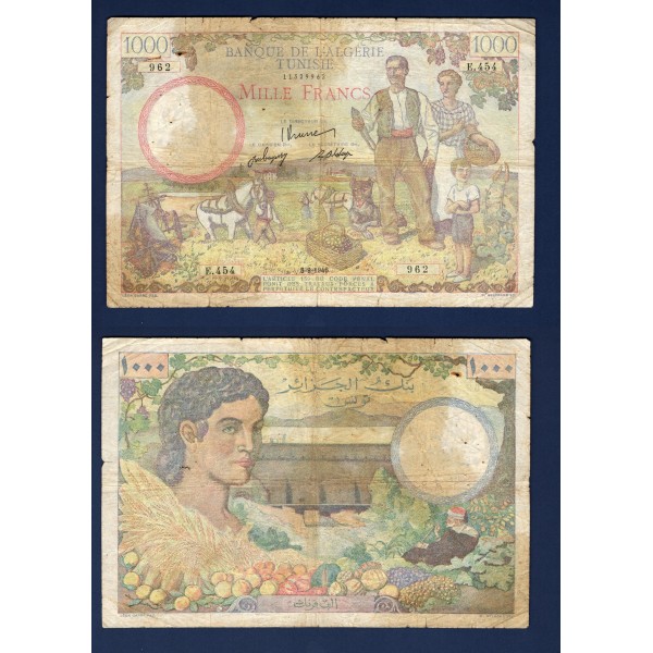 Tunisie P.26, B+, Billet de 1000 francs 5.9.1946 Famille fermier