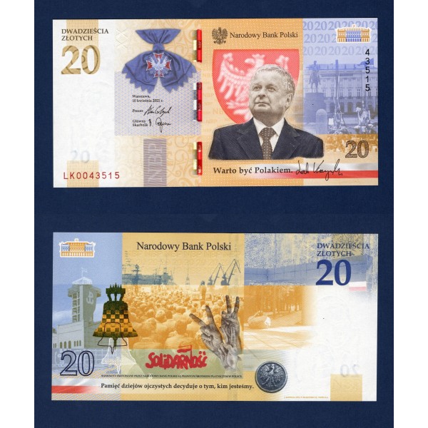 Pologne P.195, Neuf Billet de 20 Zlotych 2021 Lech Kaczynski