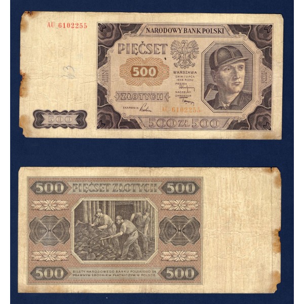 Pologne P.140, TB- écrit Billet de 500 Zlotych 1948b Mineur
