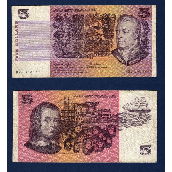 Australie P.44b, TB Billet de 5 Dollars 1976 Joseph Banks