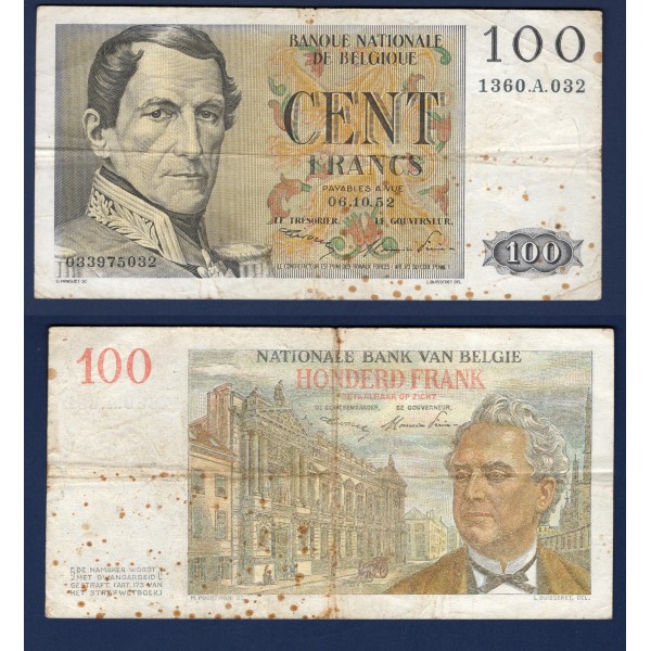 Belgique P.129a, TB Billet de 100 Francs Belge 6.10.1952 Leopold I
