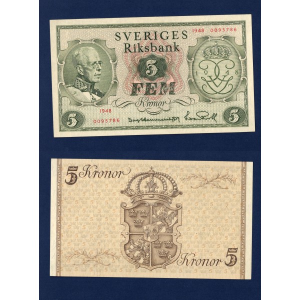 Suède P.41a, Neuf Billet de 5 Kronor 1952 Gustav V
