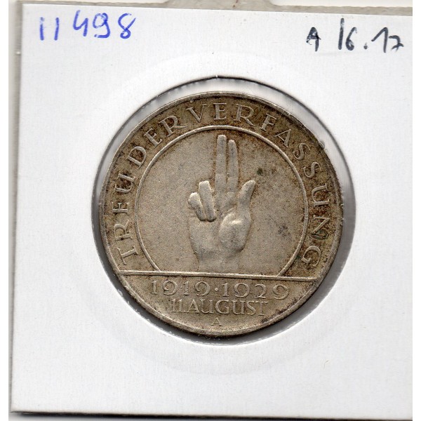 Allemagne 3 reichsmark 1929 A, TTB KM.63 Constitution de Weimar