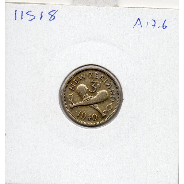 Nouvelle Zélande 3 pence 1940 TTB, KM.7 patu croisées