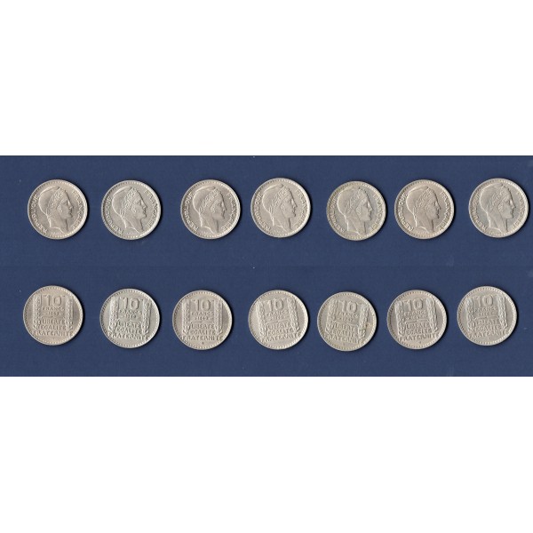 Lot de 7 pièces 10 francs Turin nickel 1946-1949 Sup
