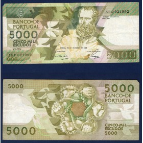 Portugal P.184a, TB Billet de 5000 Escudos 1988 Antero de Quental