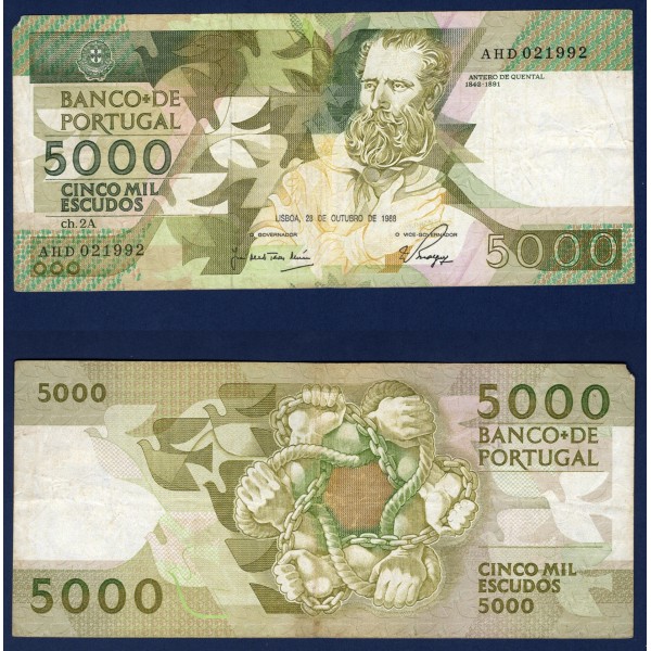 Portugal P.184a, TB Billet de 5000 Escudos 1988 Antero de Quental