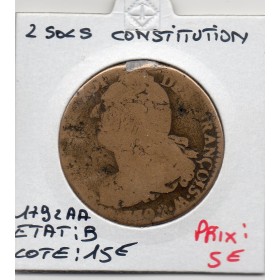 2 Sols Constitution Louis XVI 1792 .AA. Metz B, France pièce de monnaie
