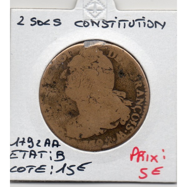 2 Sols Constitution Louis XVI 1792 .AA. Metz B, France pièce de monnaie