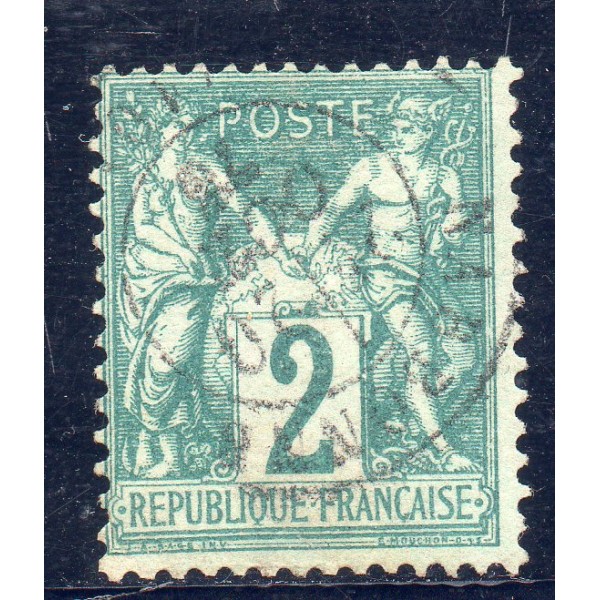 Timbre France Yvert No 62 Type I Sage 2c vert Oblitéré
