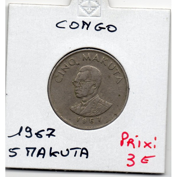 Congo 5 Makuta 1967 TTB, KM.9 Mobutu Sese Seko