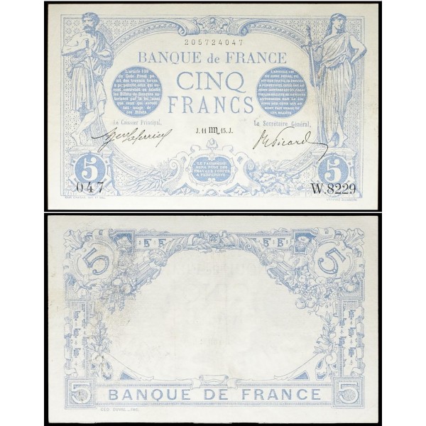 5 Francs Bleu, Sup- PCGS 45, 11.8.1915 Billet de la banque de France