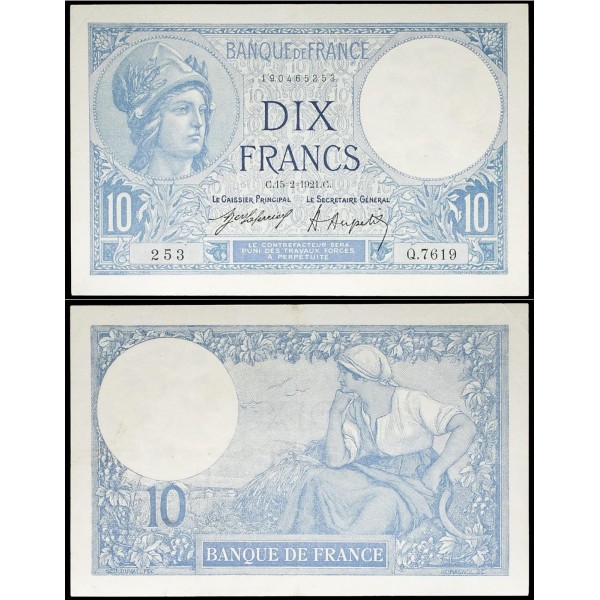 10 Francs Minerve, Sup, 15.2.1921 Billet de la banque de France