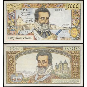 5000 Francs Henri IV, TTB-, 3.10.1957 Billet de la banque de France