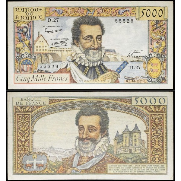 5000 Francs Henri IV, TTB-, 3.10.1957 Billet de la banque de France
