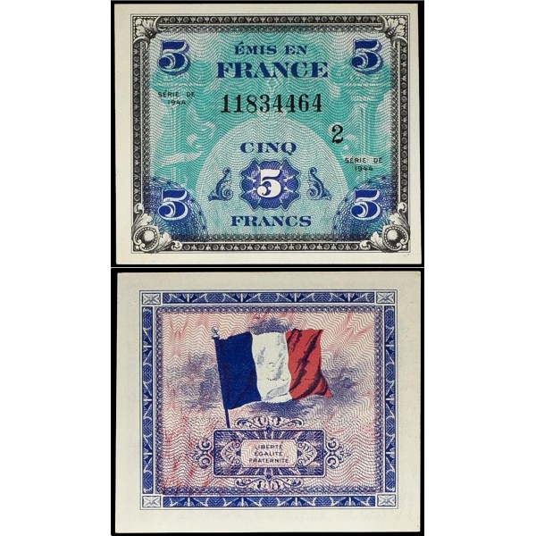 5 Francs Drapeau, Neuf, 1944 série 2, Billet du trésor Central