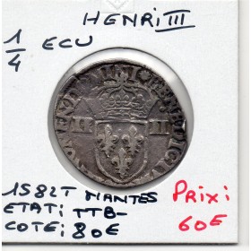 1/4 ou quart d'Ecu Croix de Face 1582 T Nantes Henri III TTB-