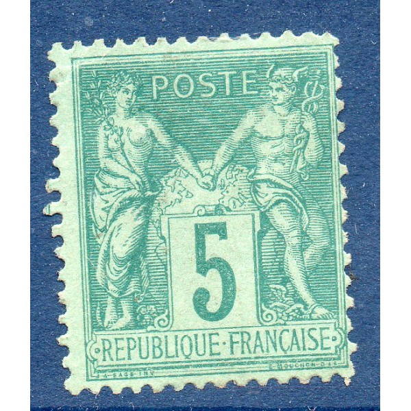 Timbre France Yvert No 75 Type II Sage 5c vert Neuf (*) sans gomme