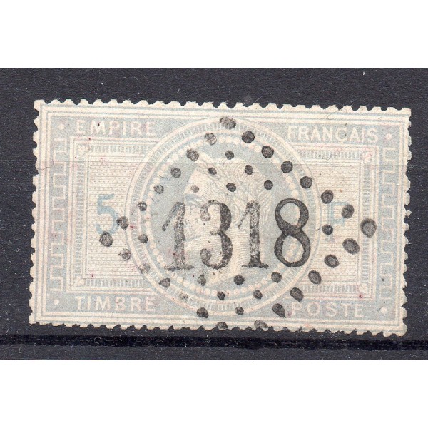 Timbre France Yvert No 33 Empire Lauré 5 fr violet-gris Oblitéré GC 1318 Domfront
