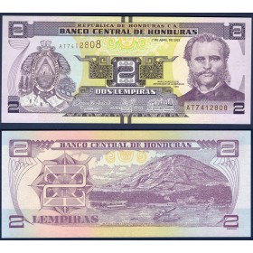 Honduras P.97e, Neuf Billet de 2 Lempiras 2022 Marco Aurelio Soto