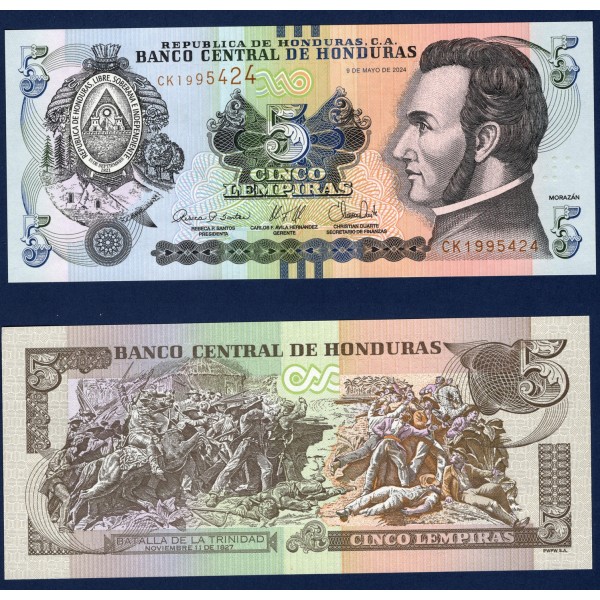 Honduras P.98f, Neuf Billet de 5 Lempiras 2024 Francisco Morazan