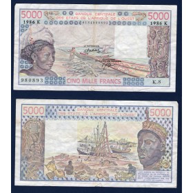 BCEAO P.708Kk pour le Senegal, TB Billet de 5000 Francs CFA 1986