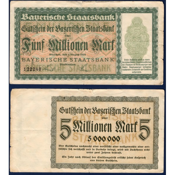Bayerische Staatsbank Gross Notgeld 5 Millionen mark, 1923 Baviere