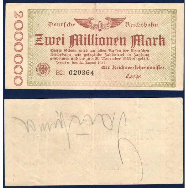 Allemagne P.S1012, TTB Billet de 2 millions Mark 1923 Berlin Reichsbahn